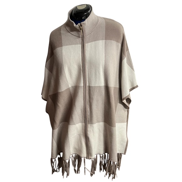 Christian Siriano Women's L/XL Taupe Cream Zip Front Fringe Poncho Cape - Picture 1 of 6